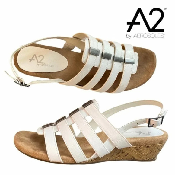A2  By Aerosoles Cork Wedge White Strappy Sandals - Picture 1 of 7